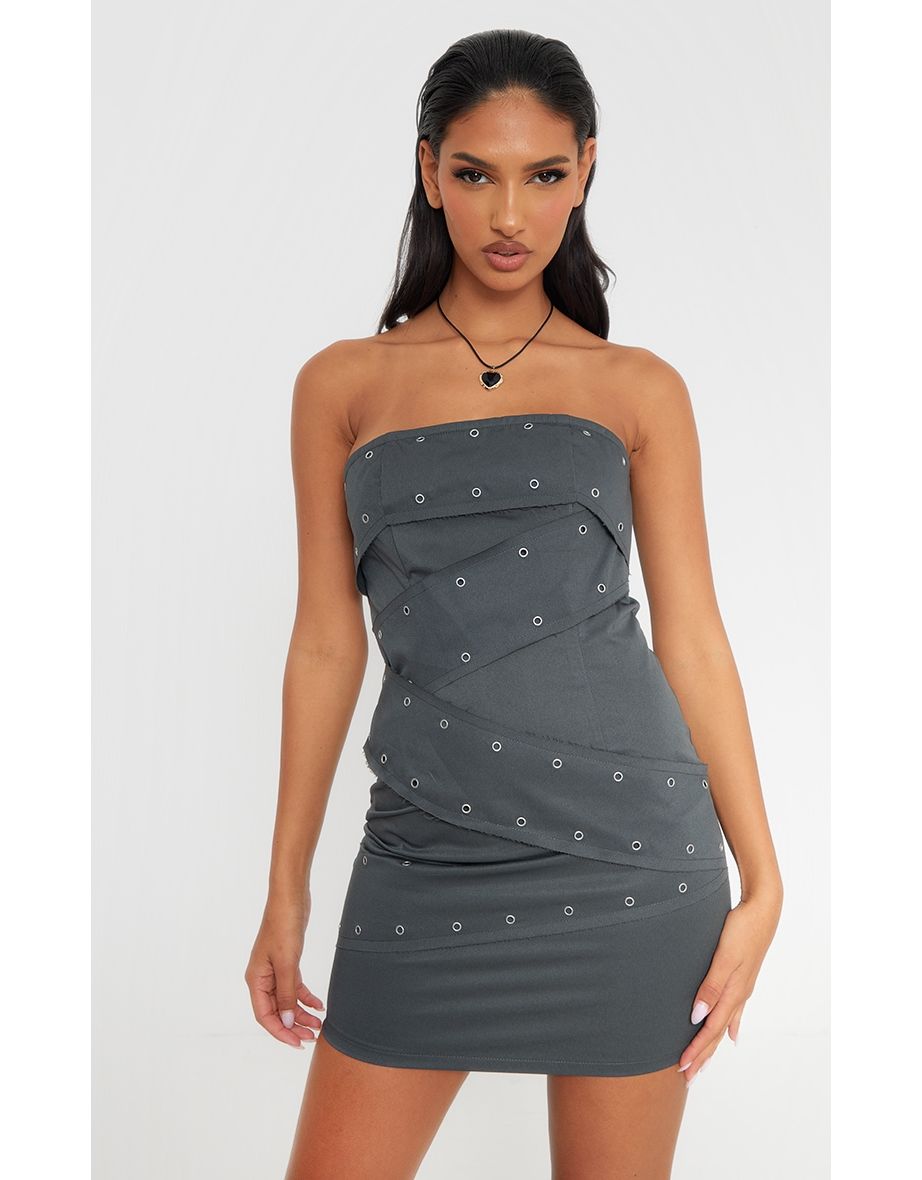 Shop Charcoal Eyelet Belted Wrap Bandeau Bodycon Dress Online in Bahrain VogaCloset