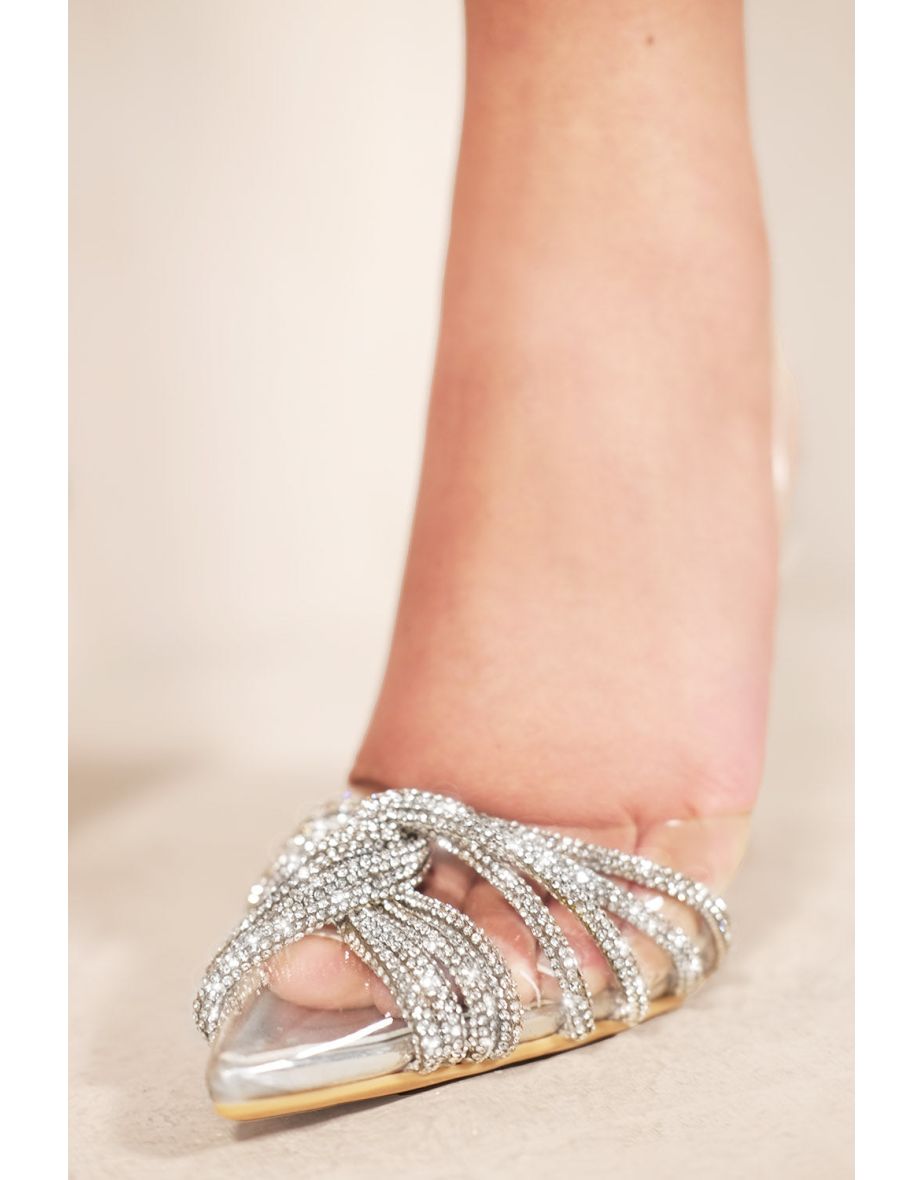 VANNA PERSPEX POINTED TOE HIGH HEELS WITH DIAMANTE STRAPS IN MOON SILVER PATENT FAUX LEATHER - 1