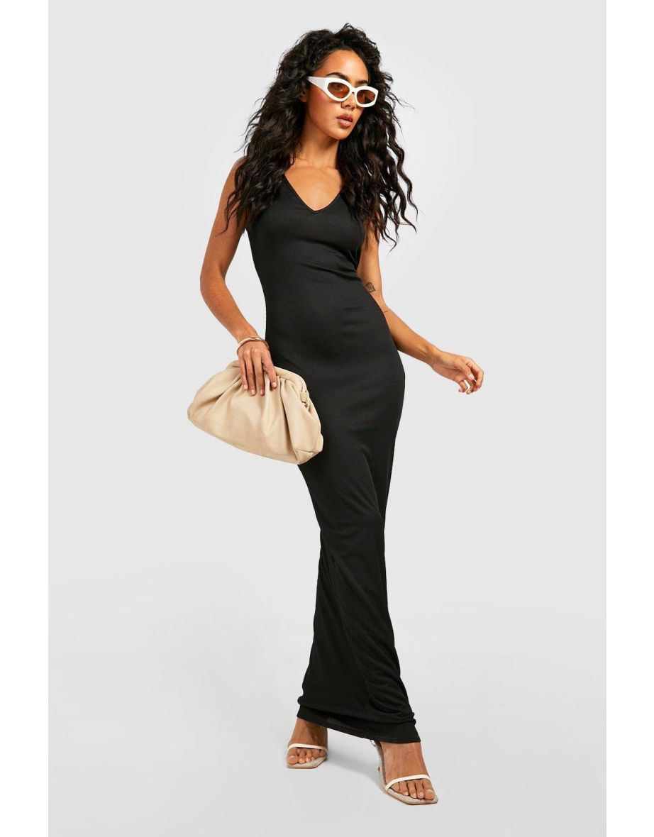 Women Black Side Slit V-Neck Rib Maxi Dress