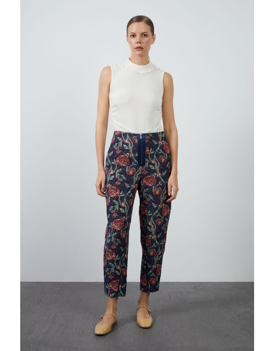 Jacquard Patterned Mom Fit Navy Pants