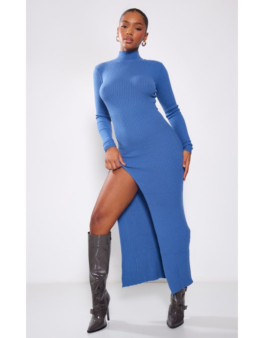 Shop Blue Knitted Ribbed Side Split Maxi Dress Online in Saudi Arabia VogaCloset