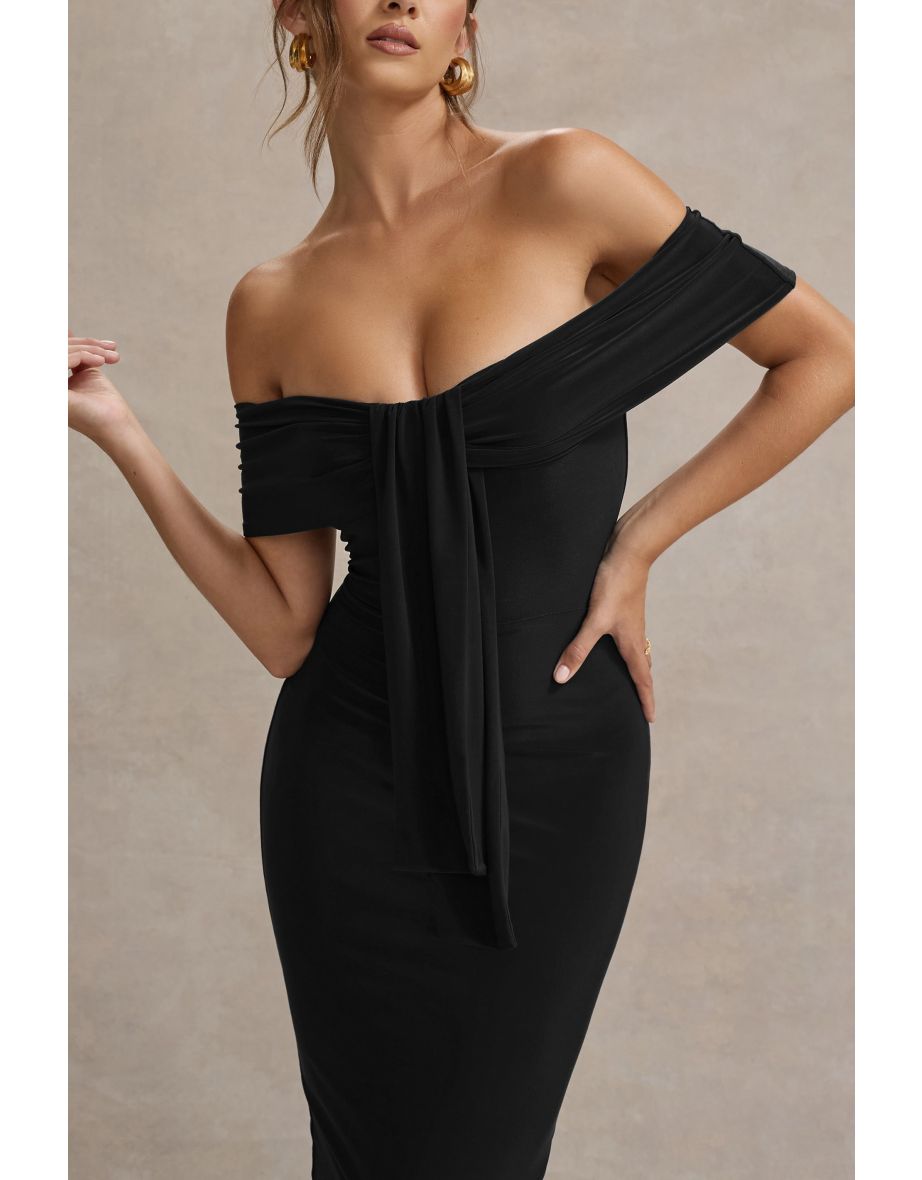 Selbie | Black Bardot Midi Dress With Drape - 4