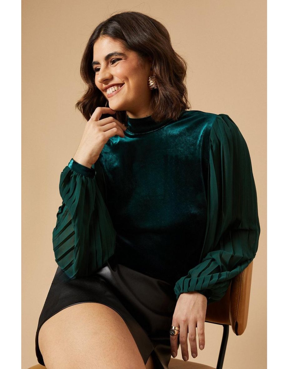 Pleated Chiffon Sleeve Velvet Tie Back Blouse - 3