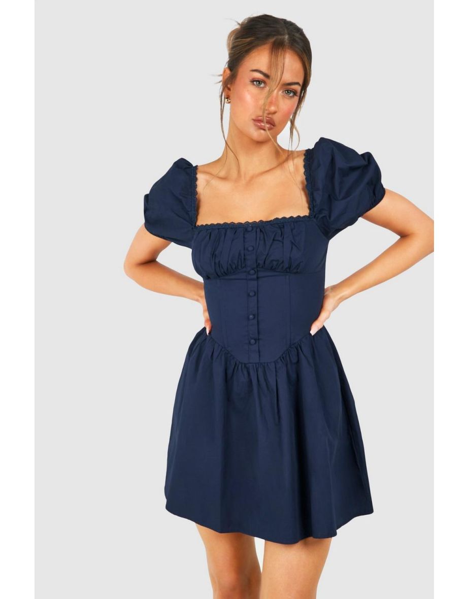 Puff Sleeve Cotton Rouched Milkmaid Mini Dress - navy