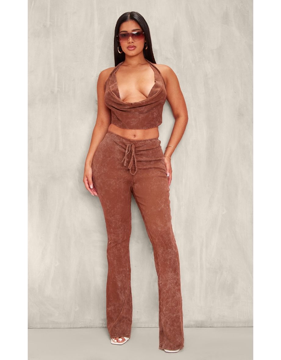 Shape Brown Washed Ribbed Ruched Front Flare Trousers