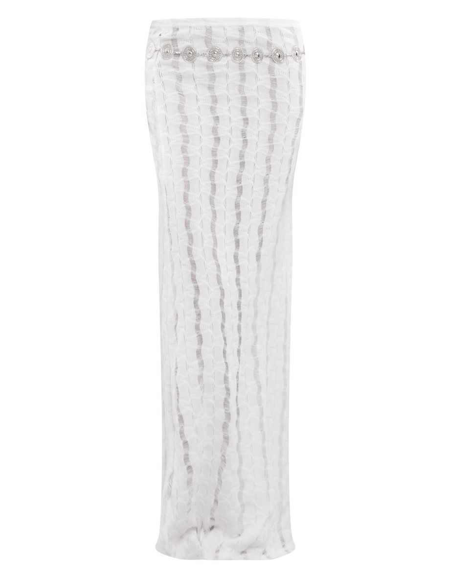 White Textured Jersey Straight Maxi Skirt - 4