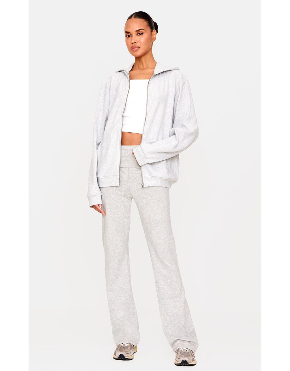 Grey Brushed Ribbed Zip Up Hoodie