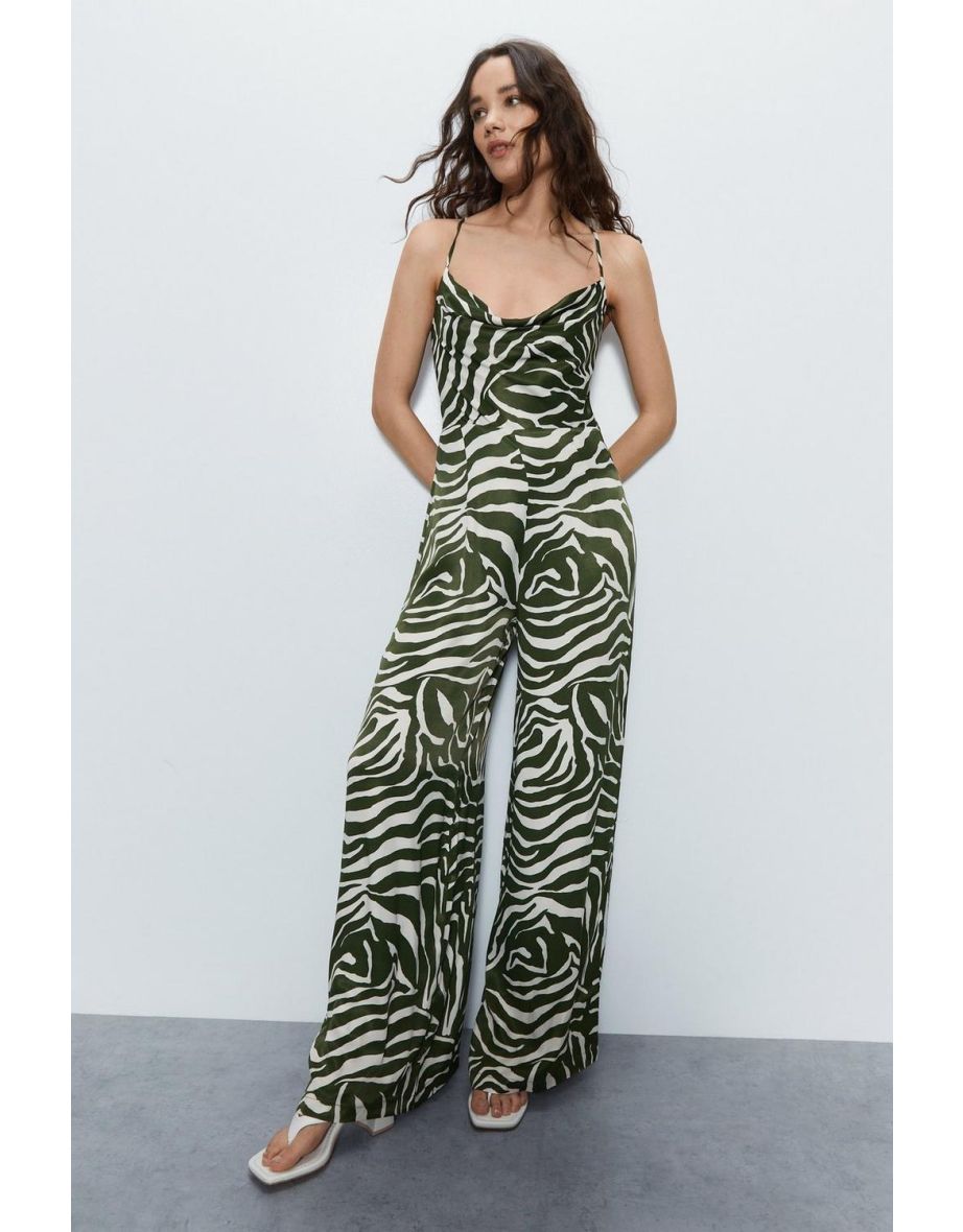 Shop Animal Print Satin Cowl Jumpsuit Online in Oman VogaCloset