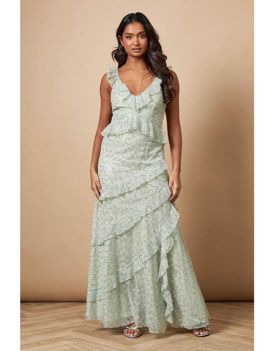 Sequin Lace Ruffle Detail Midaxi Dress