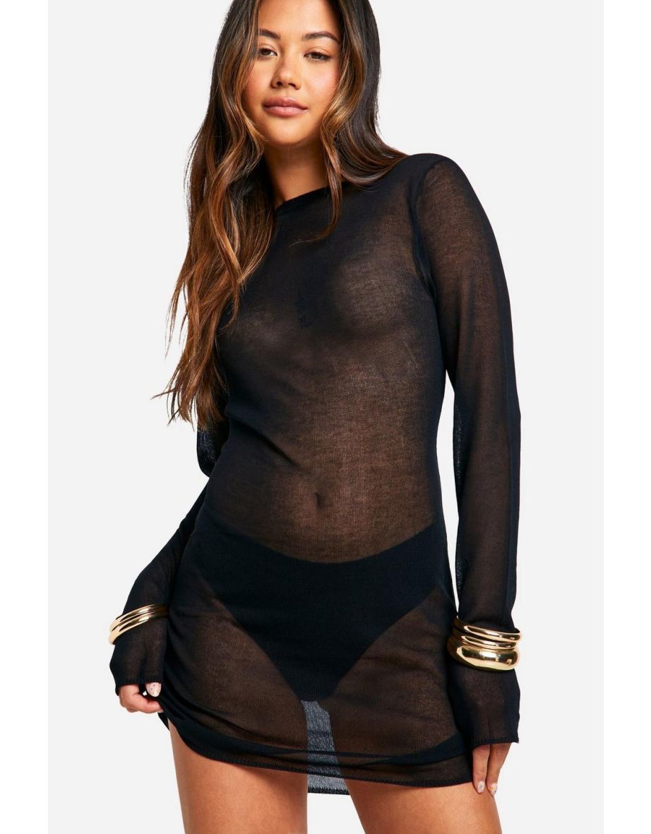 Sheer Fine Knit Micro Mini Dress - black - 3
