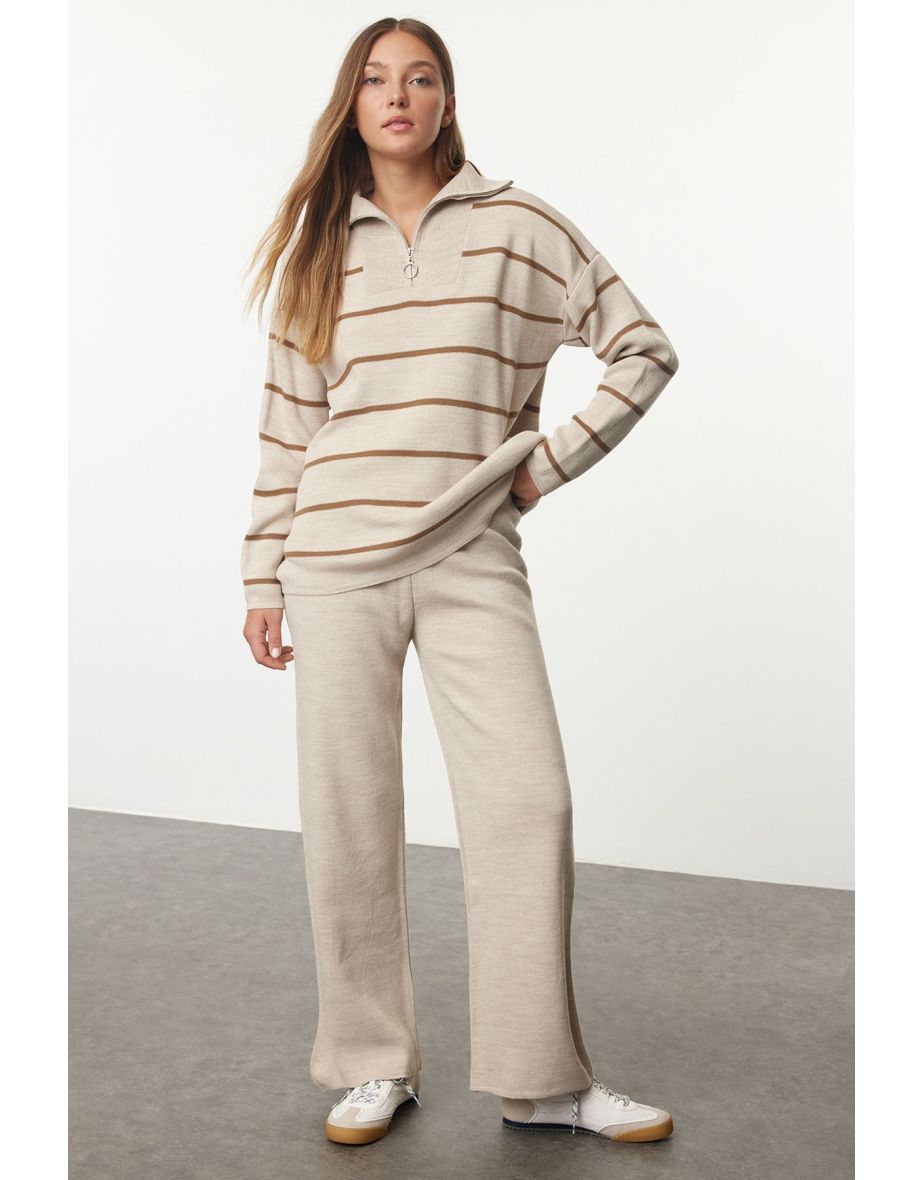 Beige Wide Pattern Zippered Knitwear Top-Bottom Set