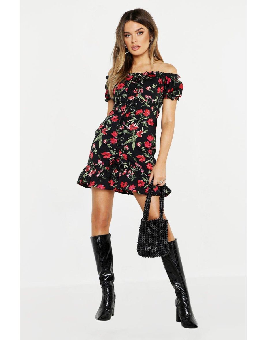 Floral Chiffon Off The Shoulder Mini Dress - black