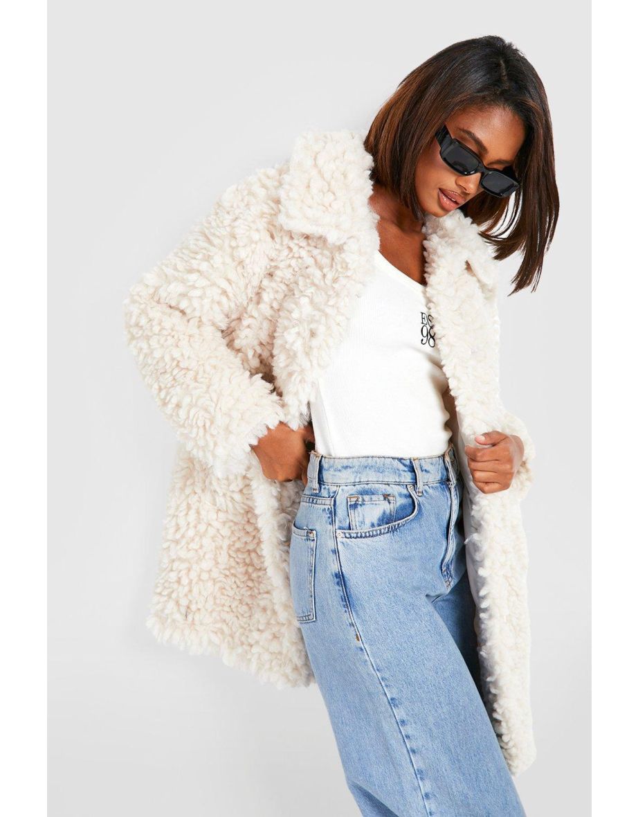 Shop Textured Collared Faux Fur Coat cream Online in Oman VogaCloset