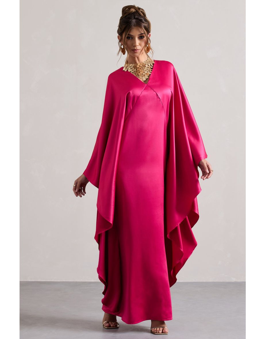 Alohi | Hot Pink Satin Plunge Cape Maxi Dress