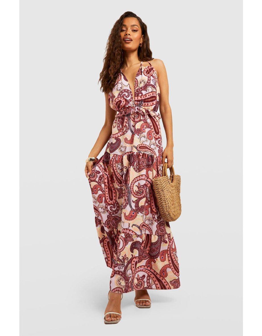 Printed Ruffle Strappy Maxi Dreses - terracotta