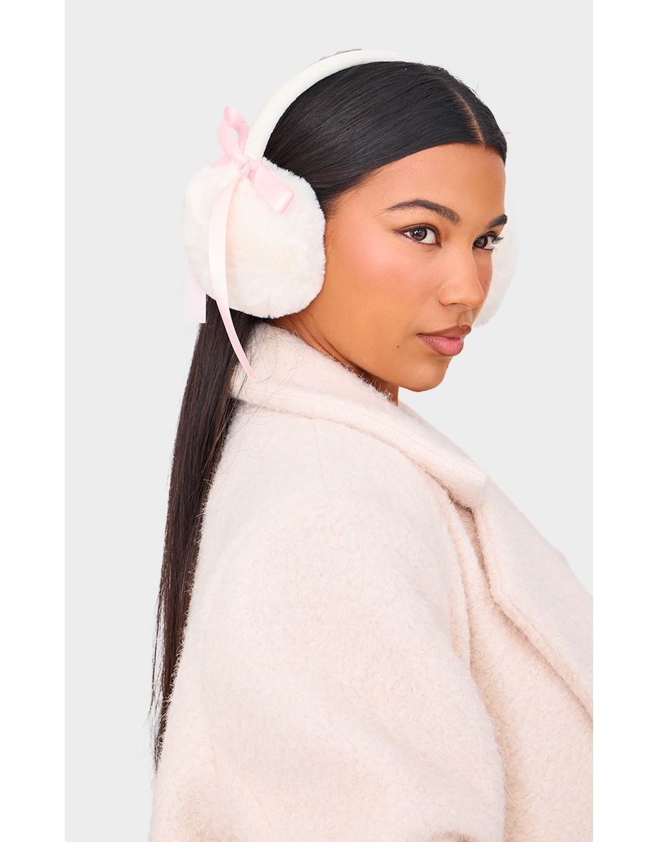 Cream Faux Fur Bow Detail Ear Muffs