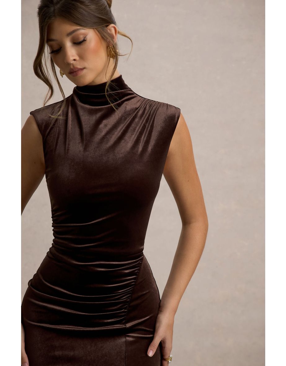Abilene | Chocolate Velvet High-Neck Split Maxi Dress - 5