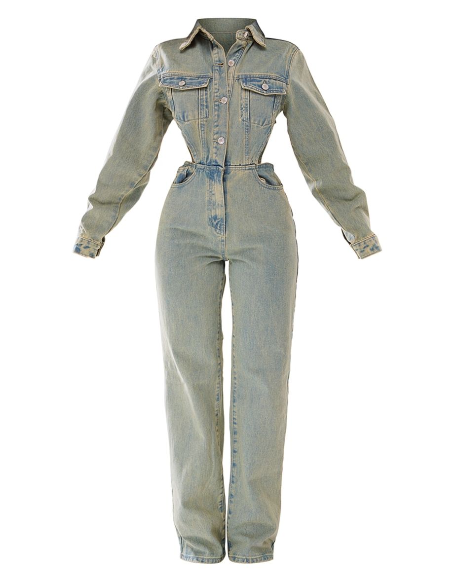Petite Vintage Wash Denim Cut Out Jumpsuit - 4