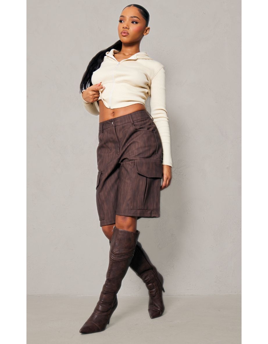 Premium Brown Washed Faux Leather Long Cargo Shorts