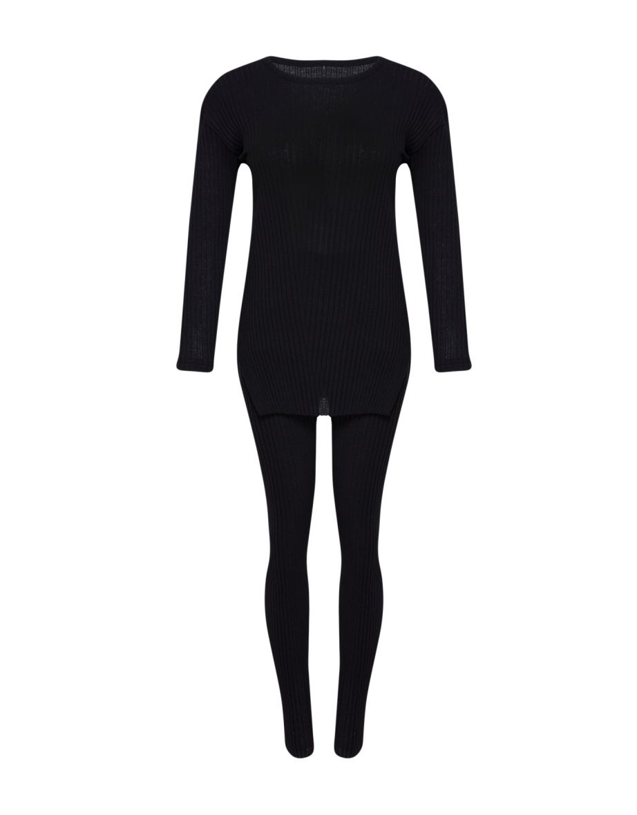 Black Black Crew Neck Ribbed Stretchy Knitted Bottom-Top Set - 6