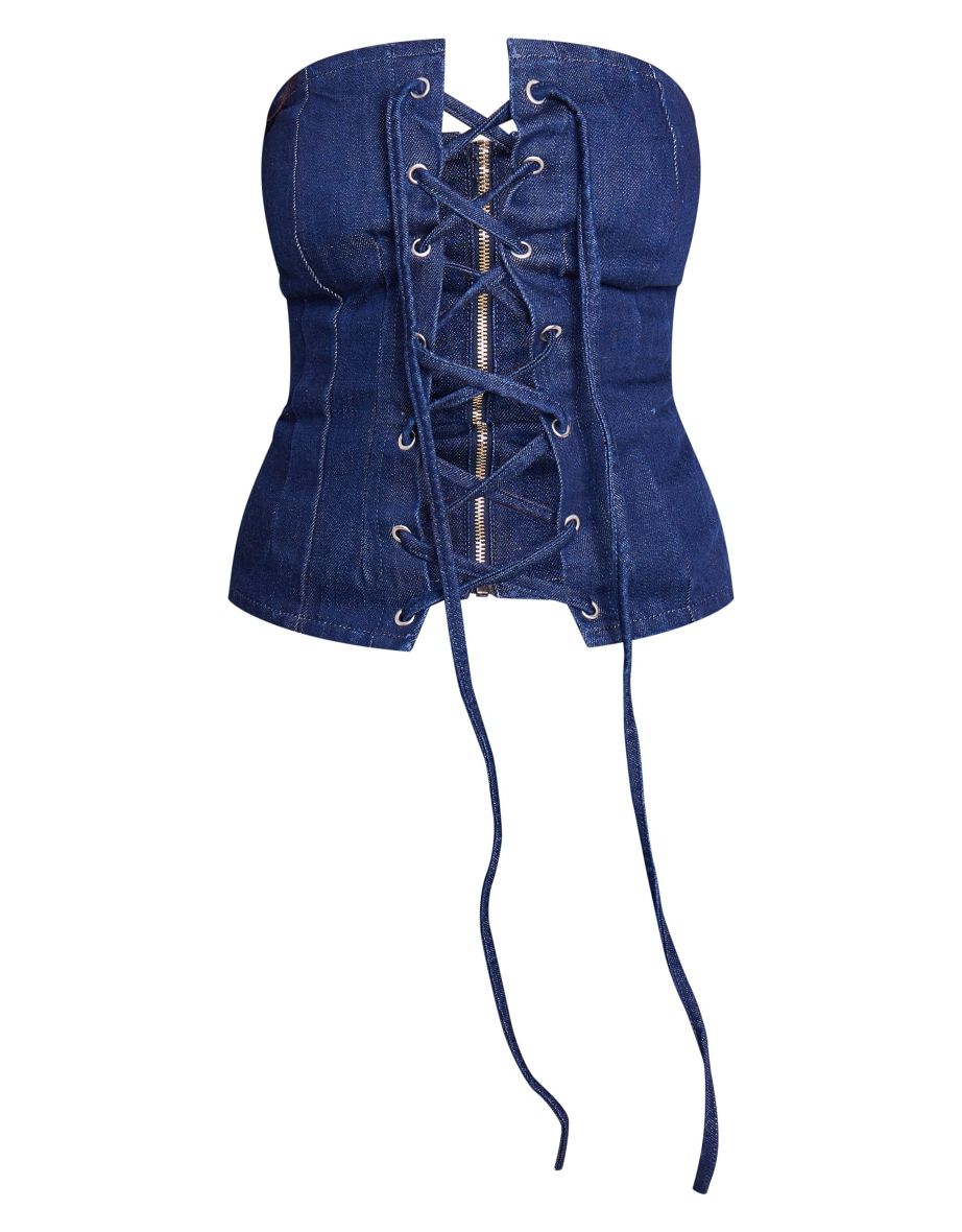 Indigo Blue Wash Lace Front Denim Corset Top - 4