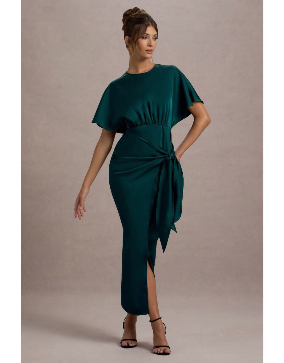 Mika | Bottle Green Satin Short-Sleeve Wrap Maxi Dress