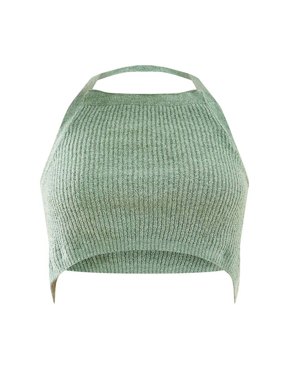 Sage Green Tape Knit Strappy Back Crop Top - 4