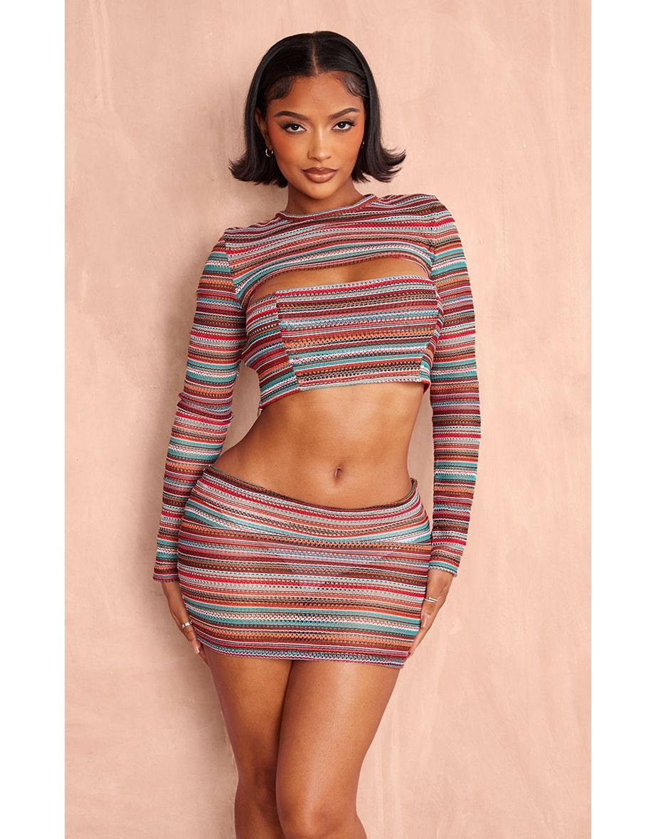 Shape Multi Contrast Textured Long Sleeve Extreme Crop Top