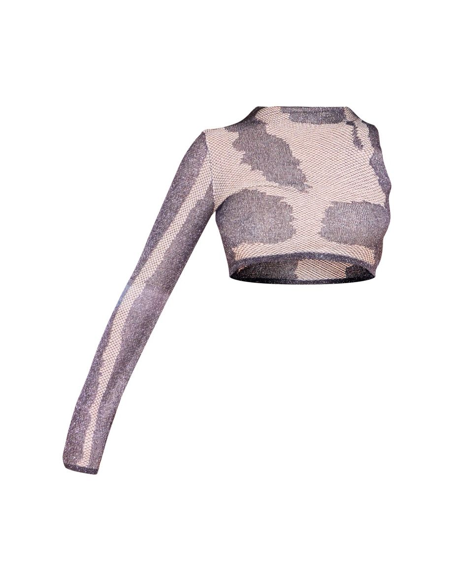 Black Contrast Glitter Knit One Shoulder Top - 4