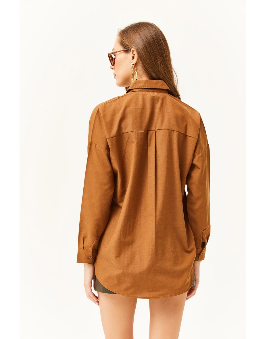 Women's Brown Sequin Detailed Woven Boyfriend Shirt - 4