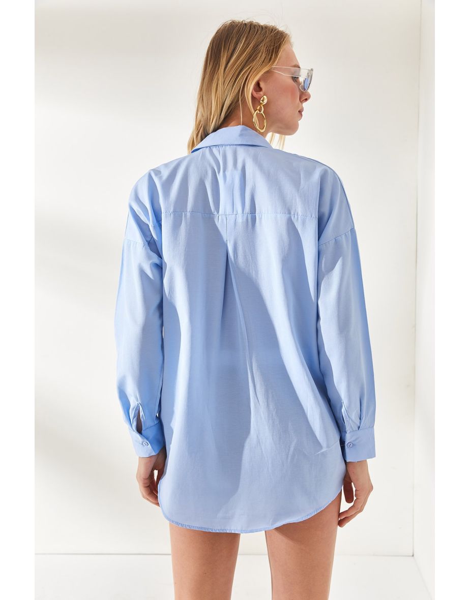 Bebe Blue Sequin Detailed Woven Boyfriend Shirt - 5