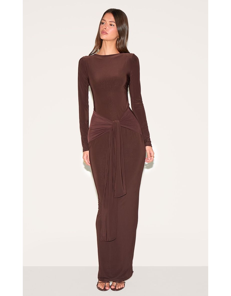 Brown Double Layer Soft Touch Wrap Maxi Dress