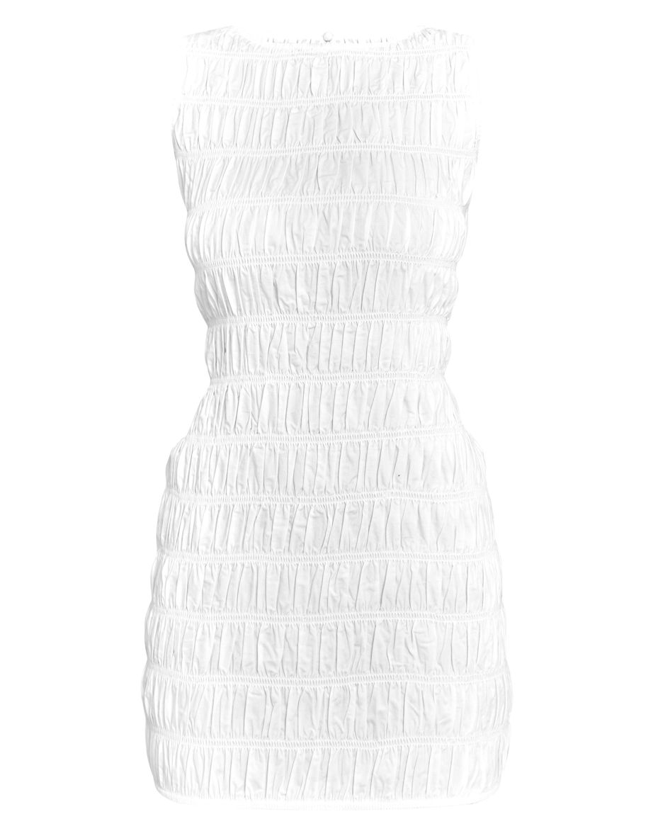 White Boat Neck Shirred Bodycon Dress - 4