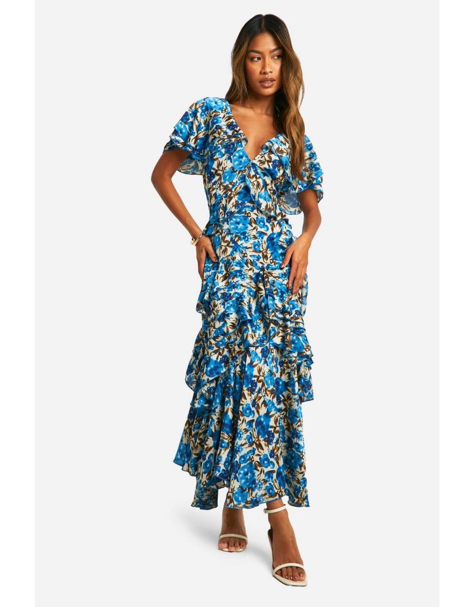 Shop Floral Frill Detail Ruffle Maxi Dress blue Online in Bahrain VogaCloset