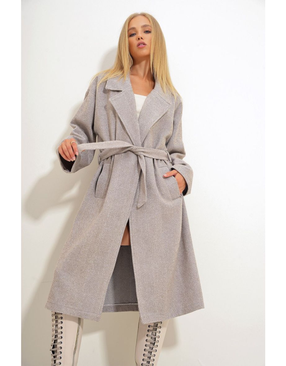 Women's Beige Double Breasted Coat with Waist and Belted Herringbone Pattern Cachet - 7