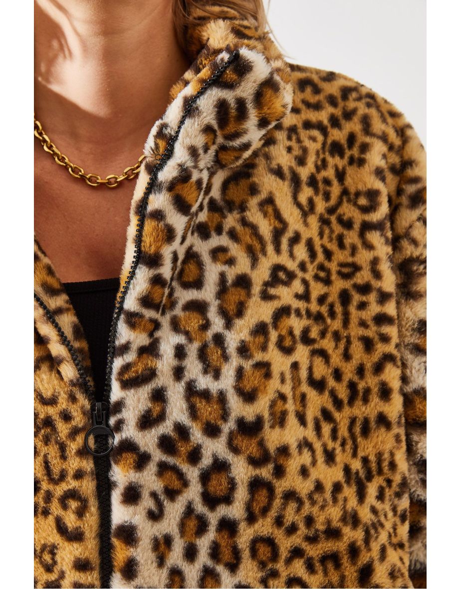 Women's Leopard Pattern Faux Fur Coat - 5