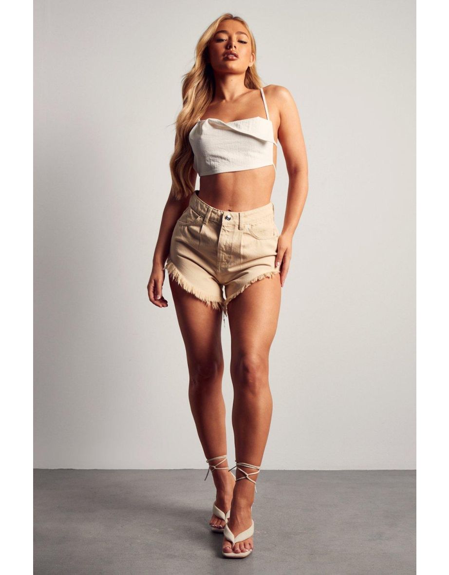 Curved Hem Frayed Denim Shorts