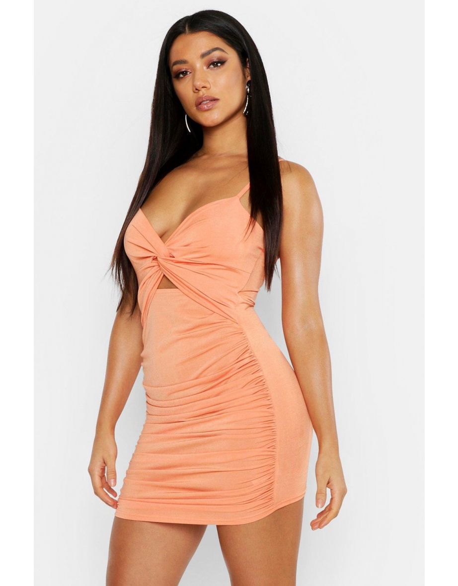 Rouche Knot Front Bodycon Mini Dress - nude - 3