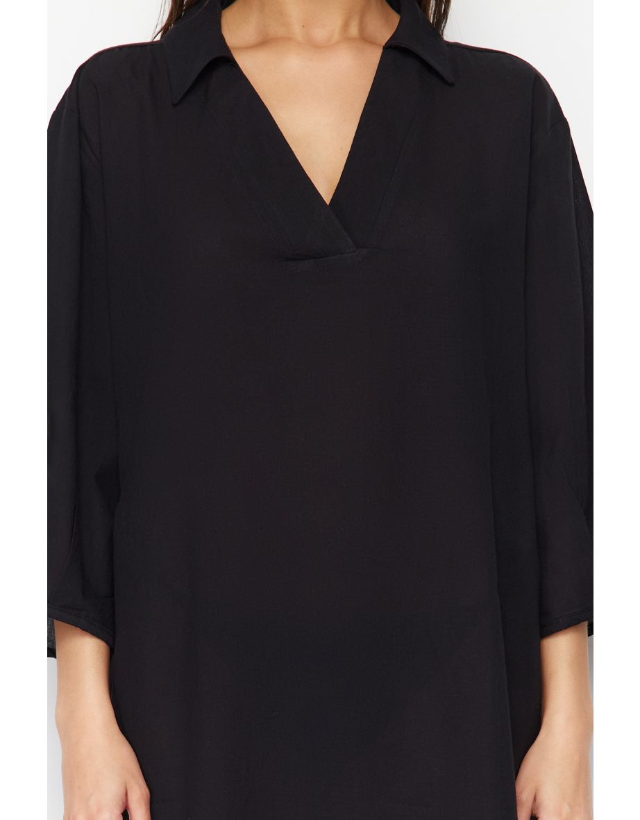 Black Wide Fit Midi Woven Beach Dress - 8