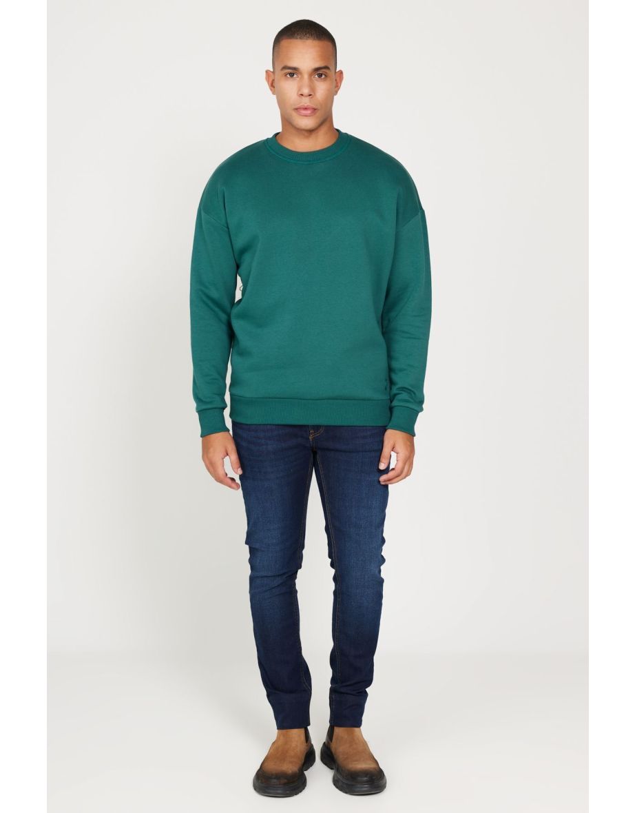 Men's Dark Green Oversize Fit Wide Cut Cotton Fleece Inner 3 Thread Crew Neck Sweatshirt
