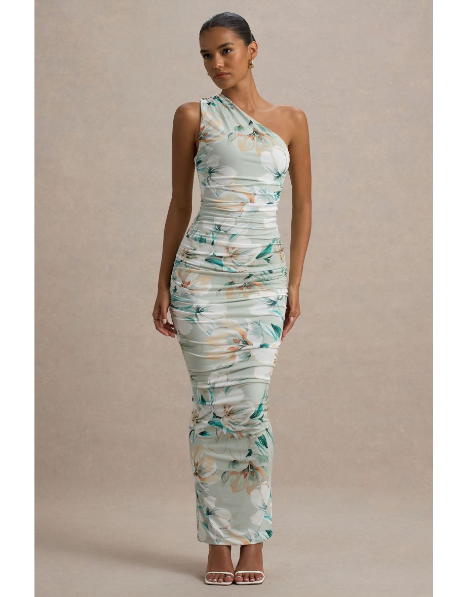 Dalarie | Green Floral Print One-Shoulder Gathered Maxi Dress