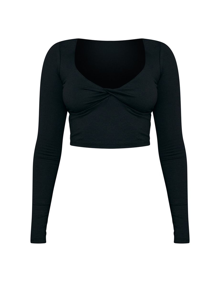 Black Cotton Twist Front Long Sleeve Crop Top - 4