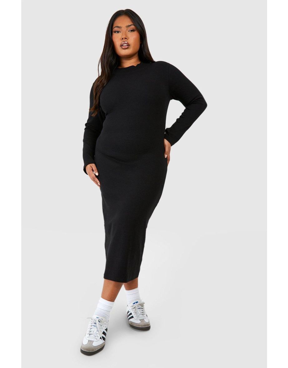 Plus Funnel Neck Rib Long Sleeve Midi Dress
