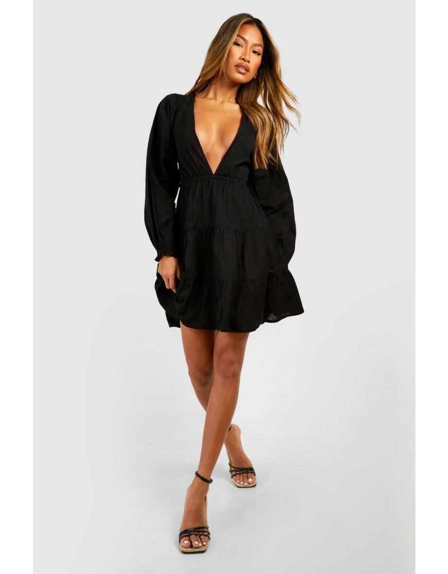 Shop Linen Plunge Long Sleeve Tiered Mini Dress black Online in Bahrain VogaCloset