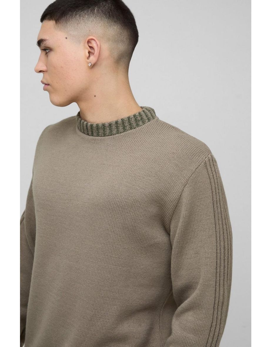 Regular Fit Contrast Rib Knit Sleeve Jumper - khaki - 2