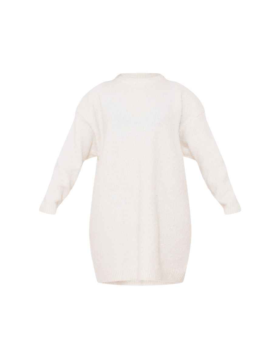 Ecru Boucle Knitted Crew Neck Oversized Jumper Dress - 4