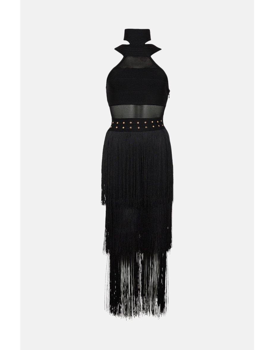 Studded Fringe Mesh Insert Halterneck Bandage  Dress - 3