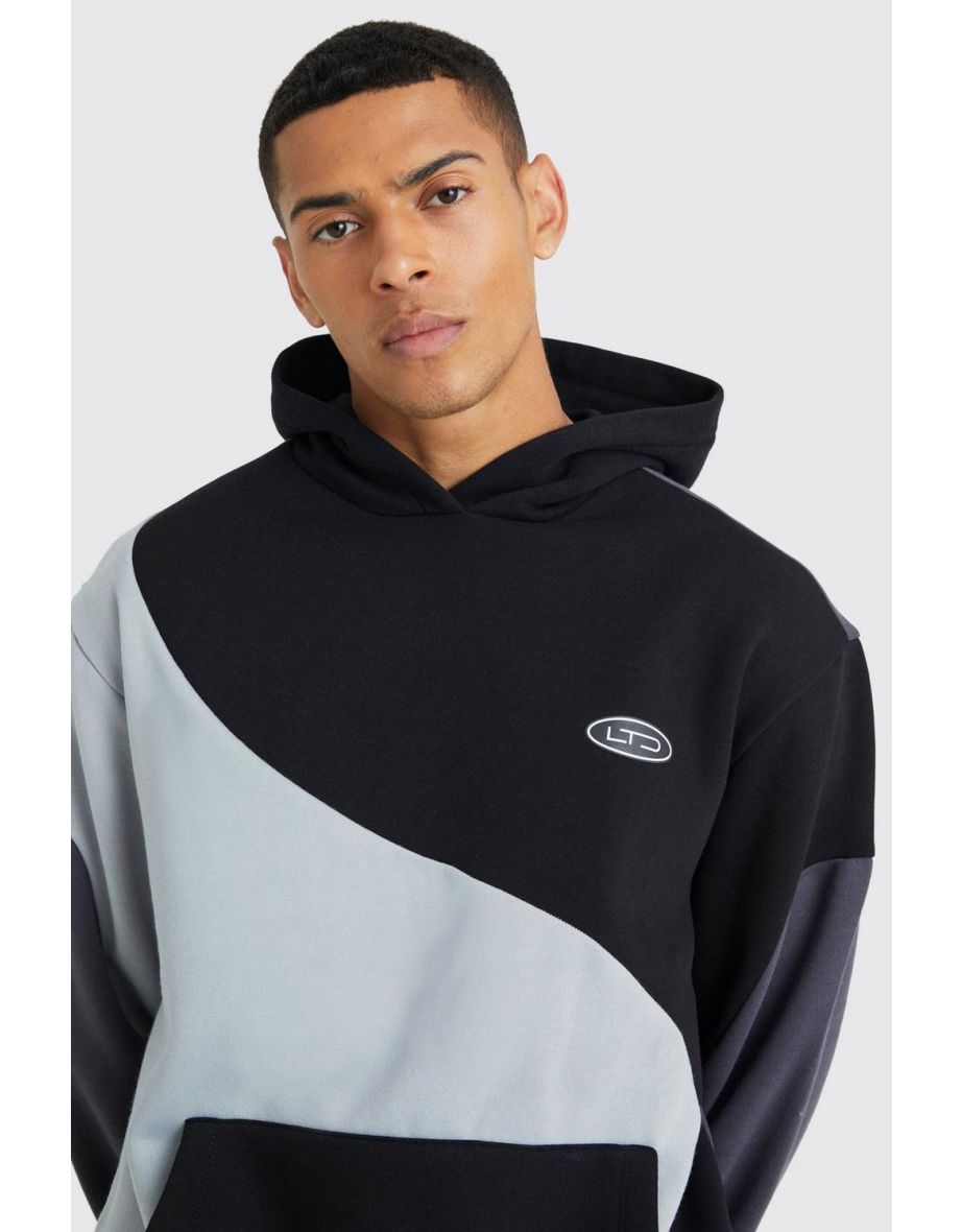 Oversized Curved Colour Block Hoodie - black - 2