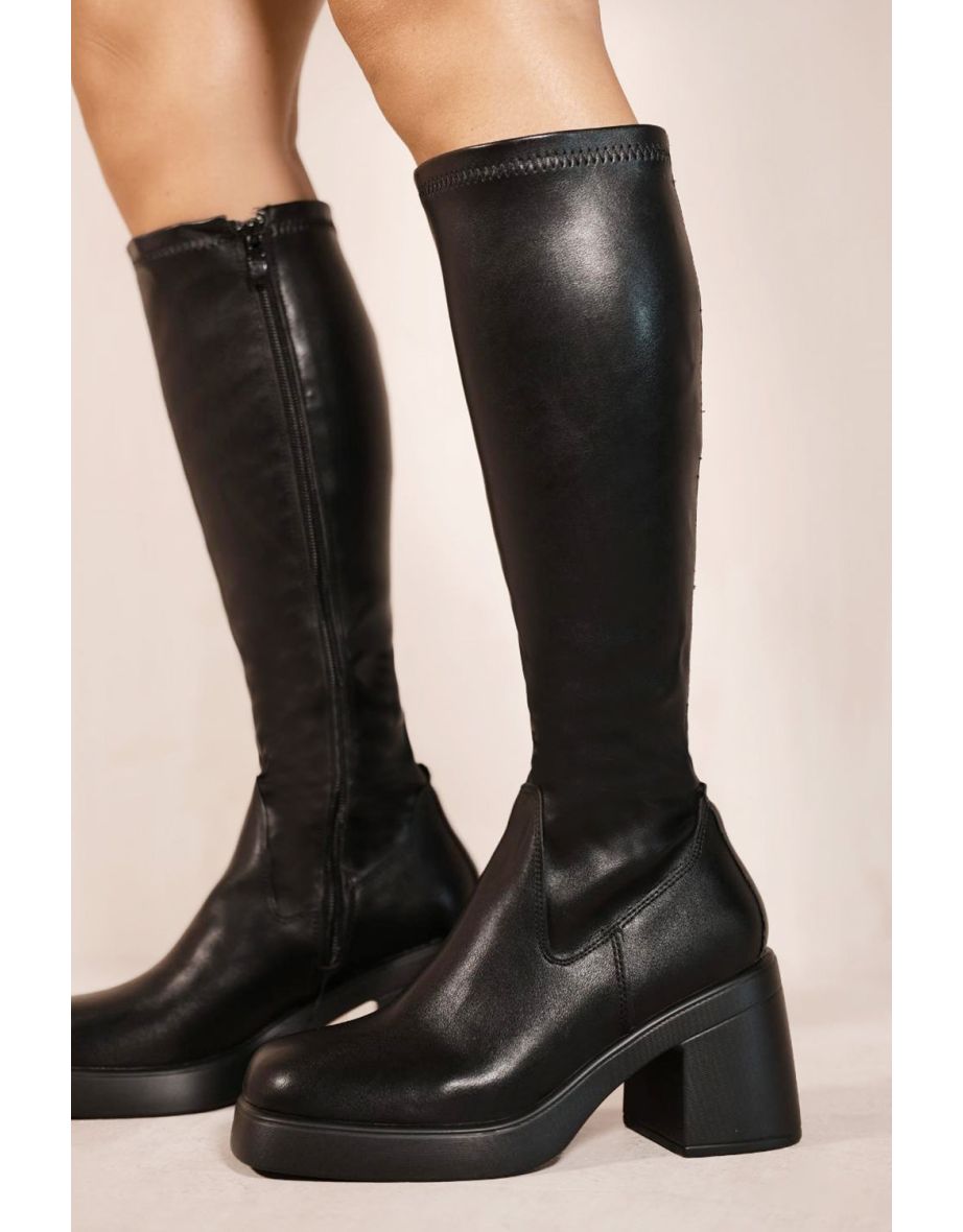 LILITH MID HIGH BLOCK HEEL CALF BOOTS WITH SIDE ZIP IN BLACK FAUX LEATHER - 1