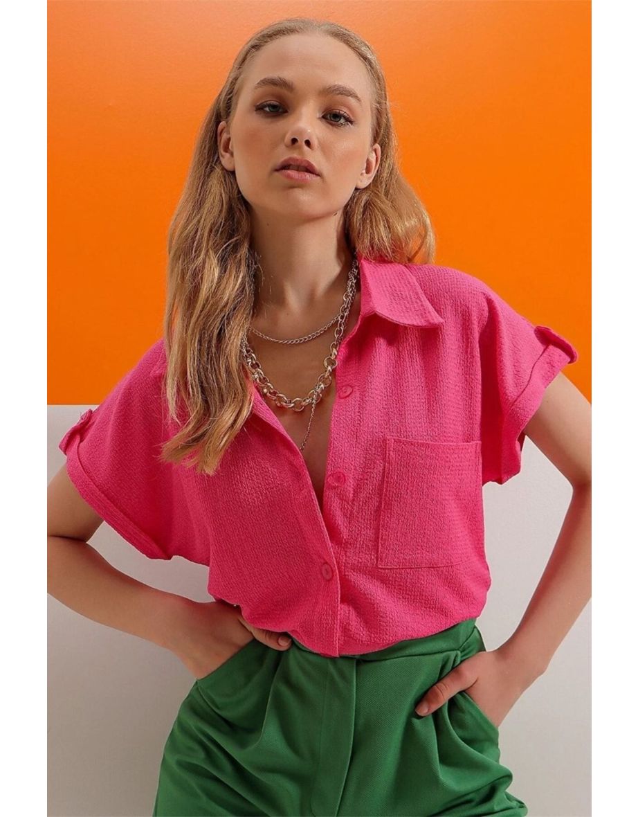 Women's Fuchsia Double Cuffed Short Sleeve Textured Shirt